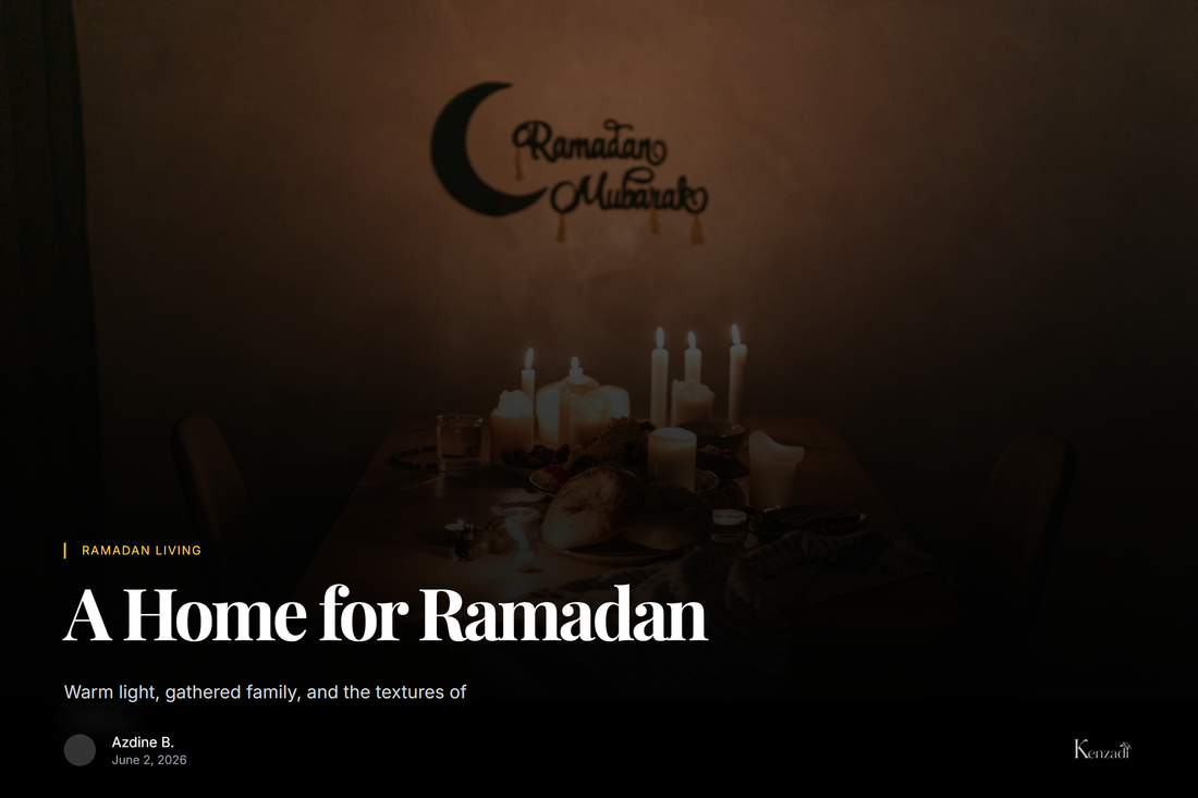 A softly lit Moroccan sitting room at dusk with a low iftar table, brass lanterns, and a grey