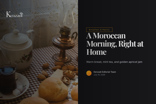 Jar of Aïcha Extra Apricot Jam styled on a Moroccan breakfast table with mint tea and bread