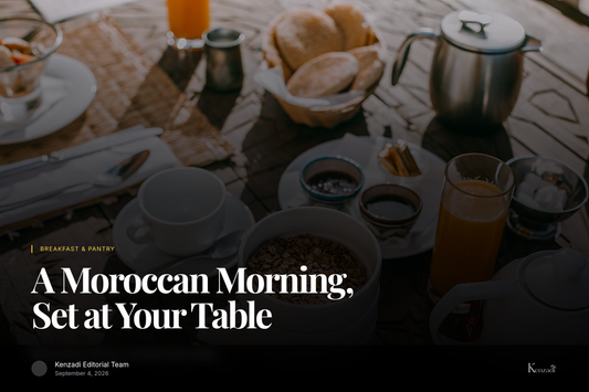 Jar of Aïcha Extra Apricot Jam on a styled Moroccan breakfast table with bread and mint tea
