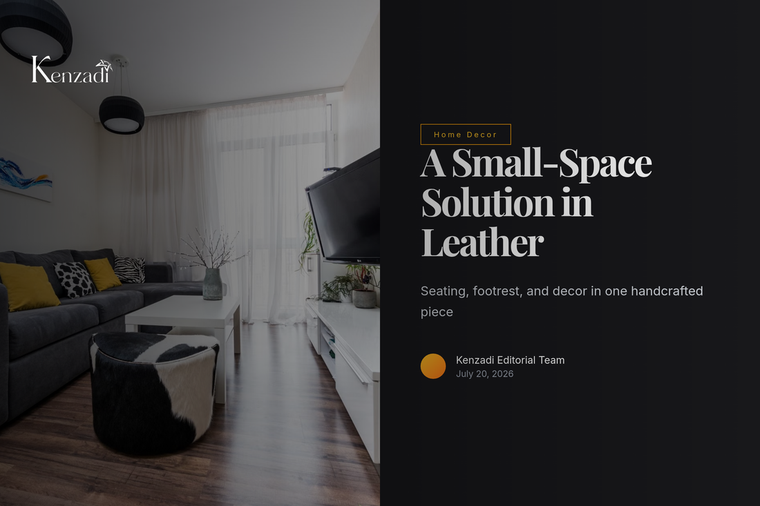 Handcrafted Moroccan leather stuffed pouf placed in a small living room