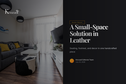 Handcrafted Moroccan leather stuffed pouf placed in a small living room