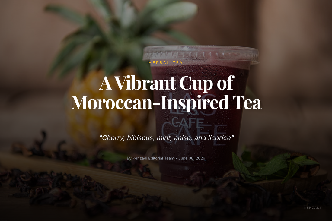 Deep red herbal tea in a glass teacup with dried hibiscus flowers and mint leaves nearby