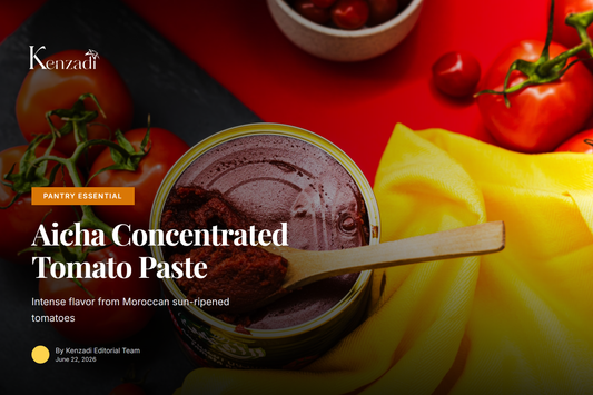 Close-up of rich, dark red Aicha 2-fold concentrated tomato paste being squeezed from a resealable tube onto a