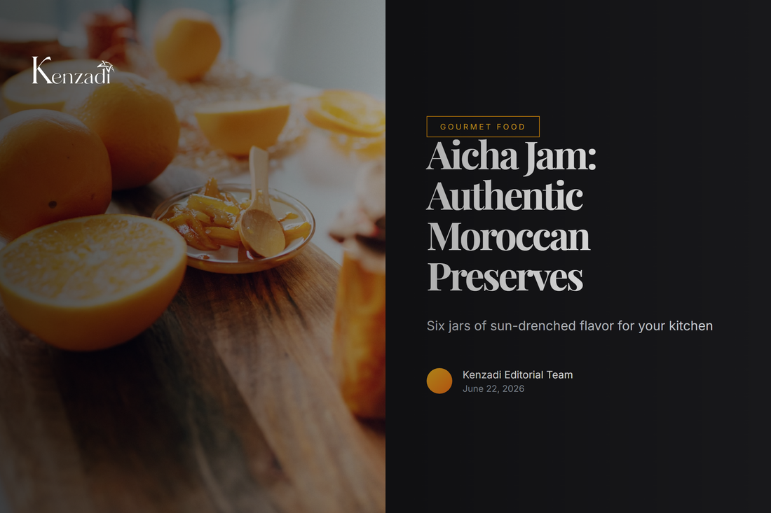 A beautiful arrangement of Aicha Moroccan jam jars on a rustic wooden table with fresh bread and fruit