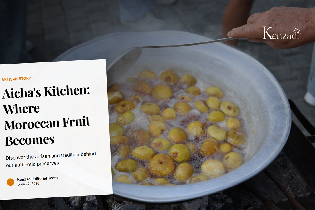 Artisan Aicha stirring a large copper pot of simmering fruit preserves in a traditional Moroccan kitchen with sunlight