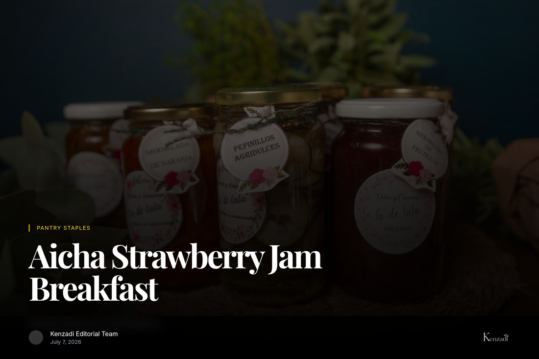 Glass jar of Aicha strawberry jam on wooden surface with fresh strawberries and bread