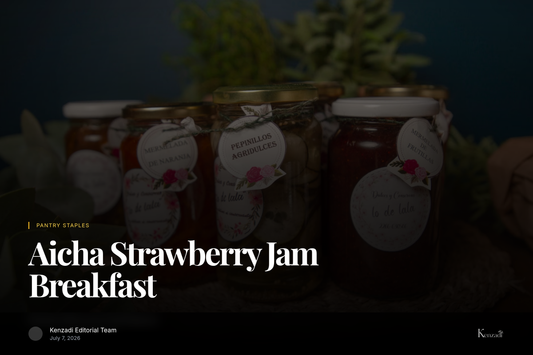 Glass jar of Aicha strawberry jam on wooden surface with fresh strawberries and bread