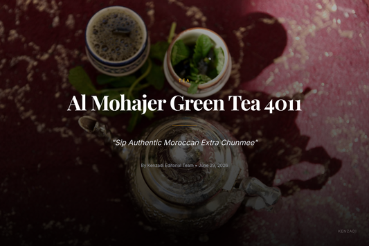 Close-up of Al Mohajer Extra Chunmee Green Tea 4011 leaves in a wooden bowl with a Moroccan teapot