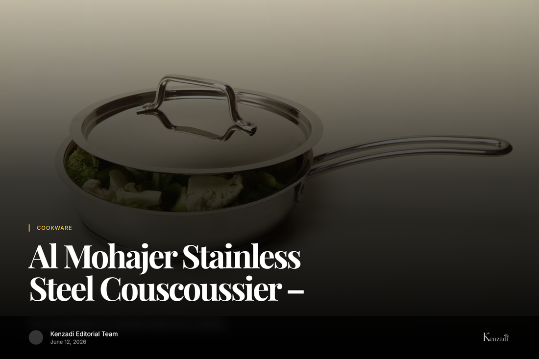 Al Mohajer Stainless Steel Couscoussier 12L 28cm two-tier steamer pot with lid, on a kitchen counter with couscous