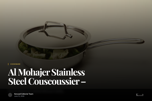 Al Mohajer Stainless Steel Couscoussier 12L 28cm two-tier steamer pot with lid, on a kitchen counter with couscous
