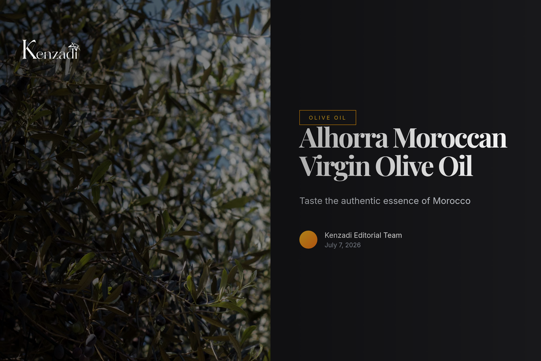 Close-up of a bottle of Alhorra Moroccan Virgin Olive Oil with a rustic Moroccan background