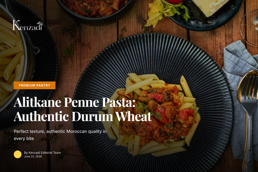 A bowl of golden penne pasta with fresh herbs and a rustic wooden background