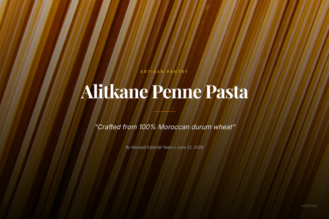 A close-up of uncooked Alitkane Penne Rigate pasta, showcasing its golden color and ridged texture, poured from a