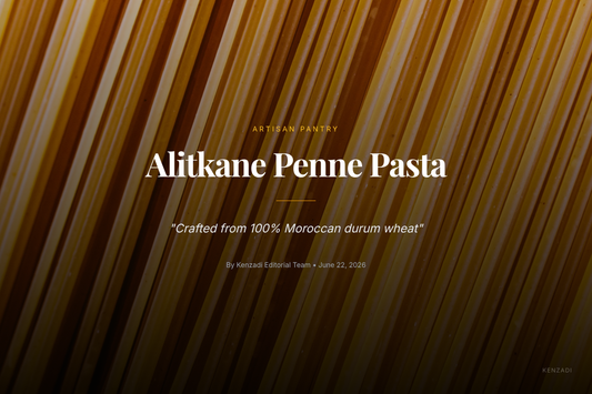 A close-up of uncooked Alitkane Penne Rigate pasta, showcasing its golden color and ridged texture, poured from a