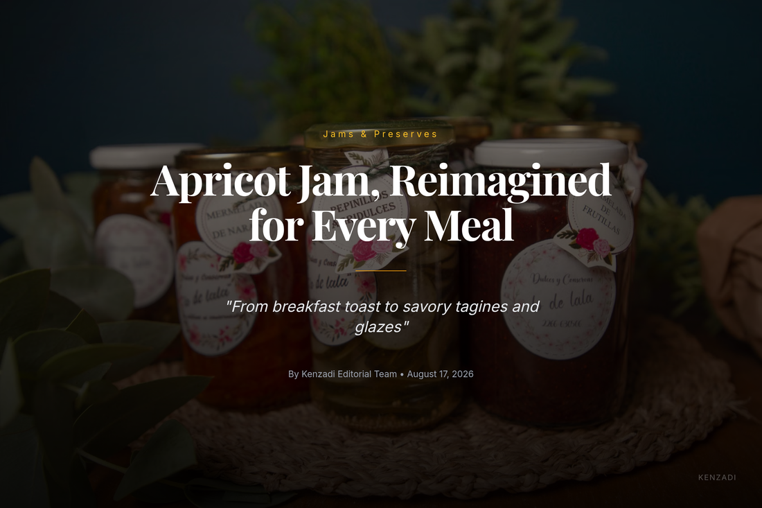 Jar of Aïcha Extra Apricot Jam beside bread and Moroccan tagine