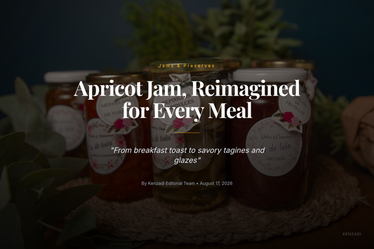 Jar of Aïcha Extra Apricot Jam beside bread and Moroccan tagine