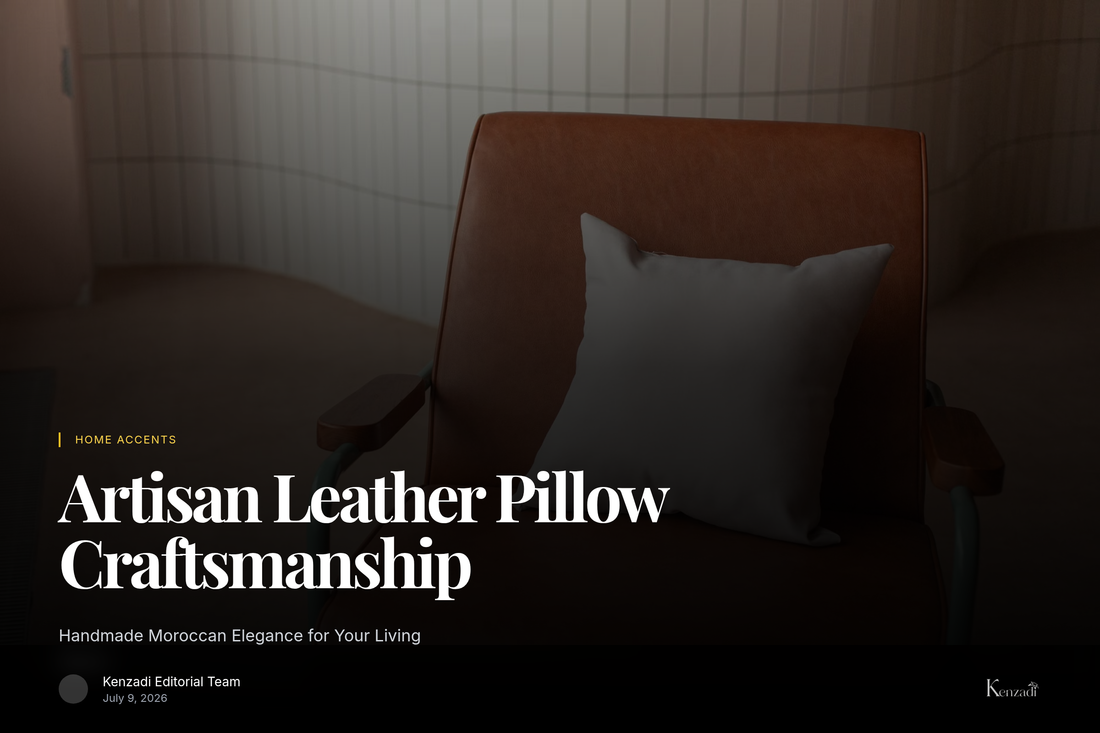 Close-up of a light brown Moroccan leather pillow with traditional stitching on a textured rug in a cozy
