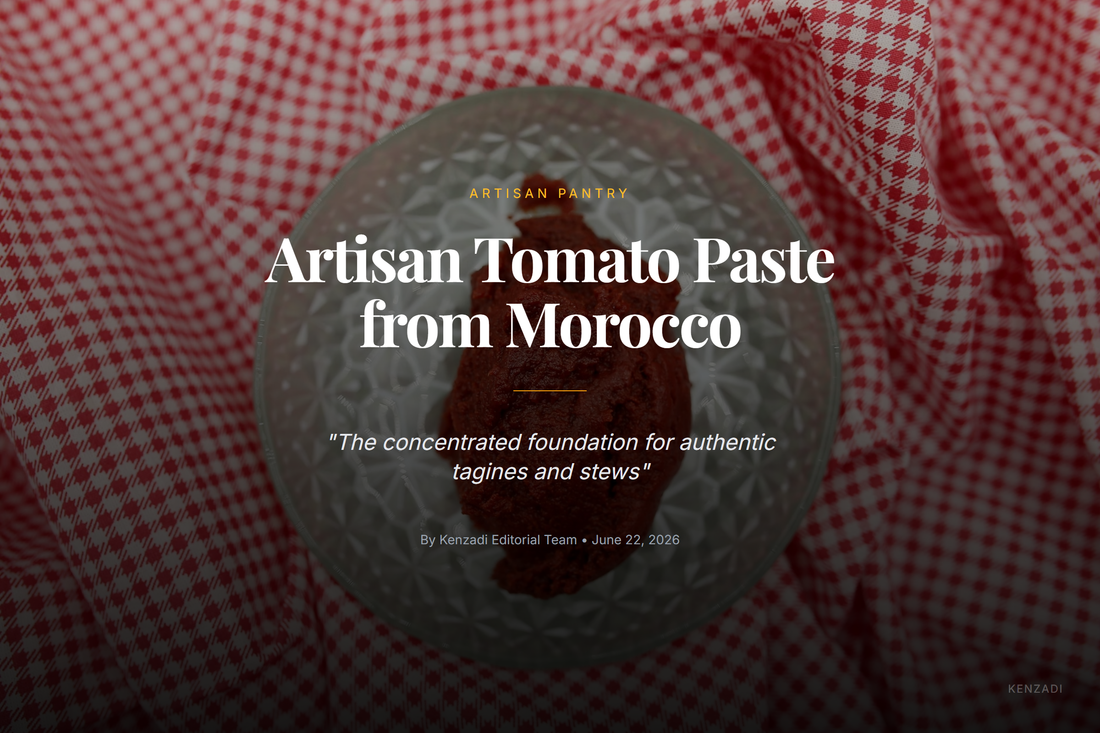 A close-up of rich, dark red double concentrate tomato paste in a spoon, with a traditional Moroccan tagine