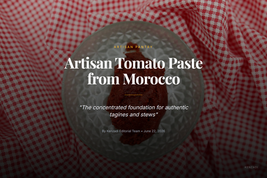 A close-up of rich, dark red double concentrate tomato paste in a spoon, with a traditional Moroccan tagine