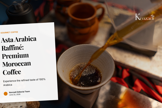 Close-up of freshly brewed Asta Arabica Raffiné coffee in a cup with steam, and a bag of coffee