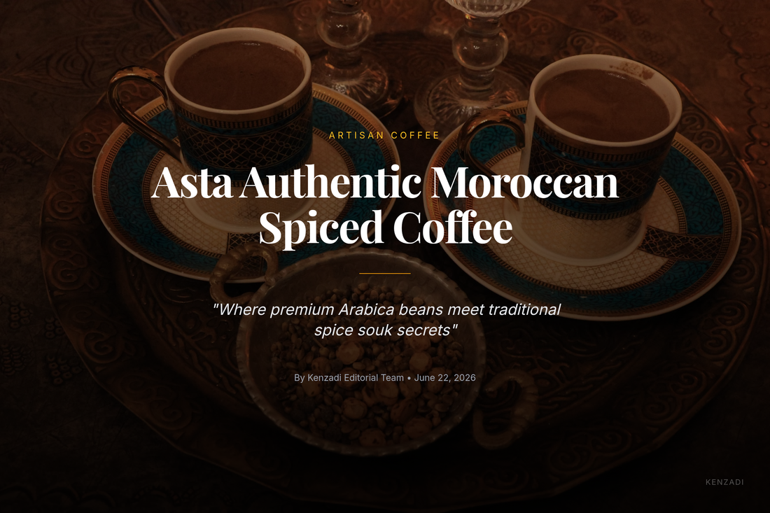 Close-up of a rustic Moroccan table setting with a steaming cup of dark coffee, whole coffee beans, cardamom