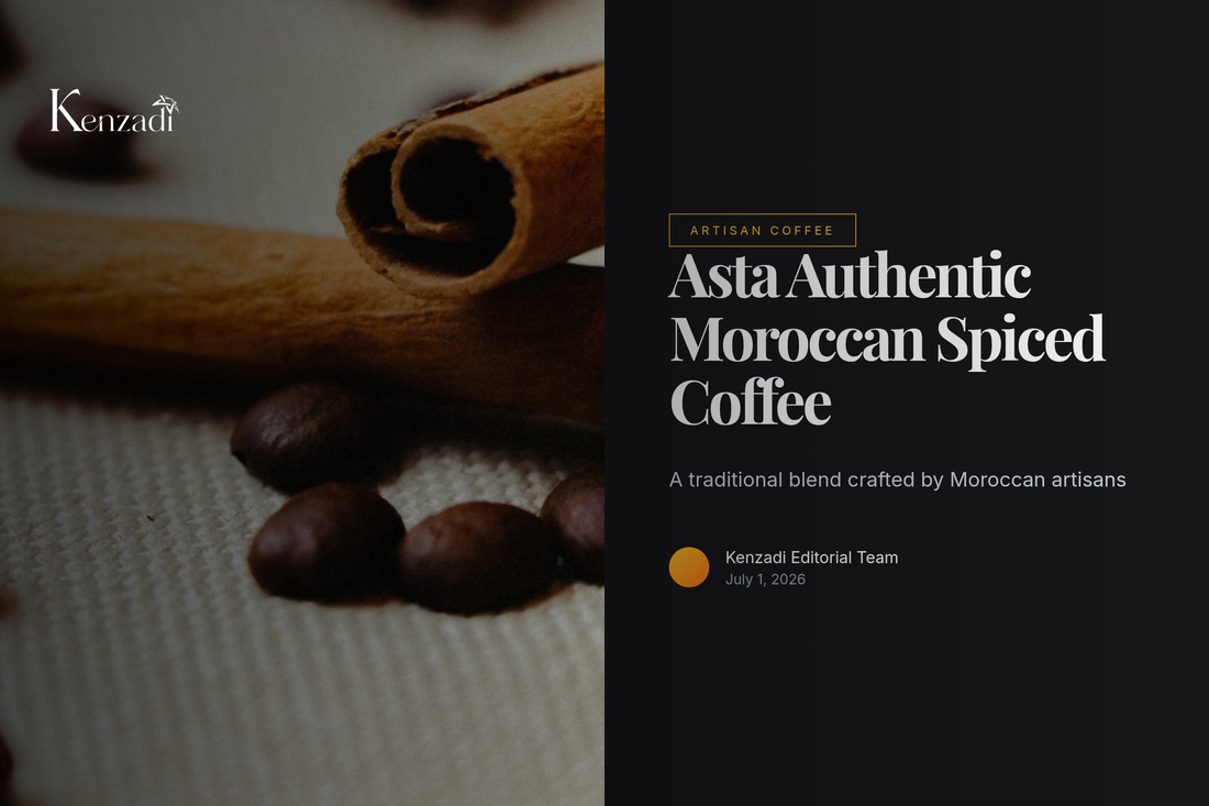 Close-up of a rustic Moroccan table with a bag of Asta Spiced Coffee, whole coffee beans, cinnamon sticks,