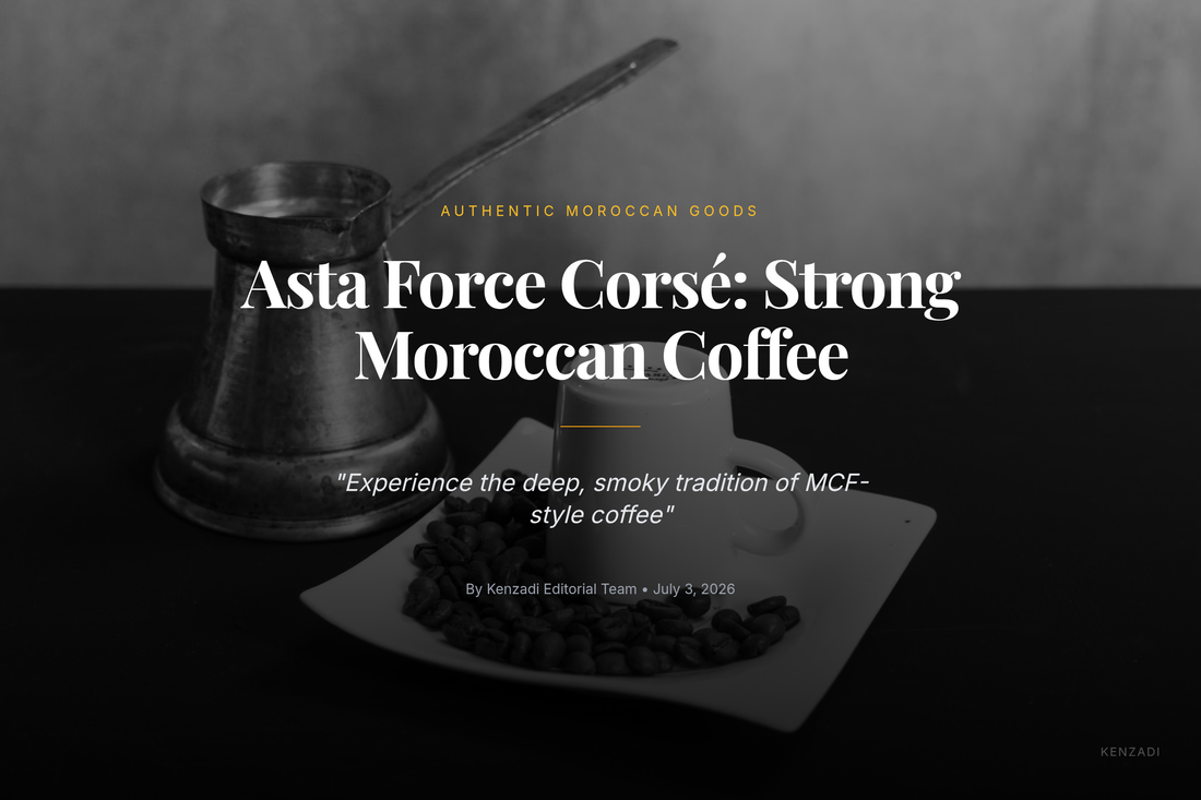 A traditional Moroccan brass cezve and small cups next to a package of Asta Force Corsé ground coffee,