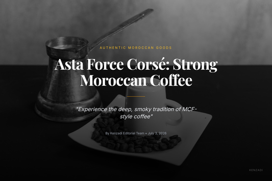 A traditional Moroccan brass cezve and small cups next to a package of Asta Force Corsé ground coffee,