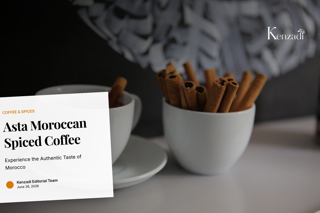 A rustic cup of rich, dark Moroccan spiced coffee with a sprinkle of cinnamon, next to whole spices