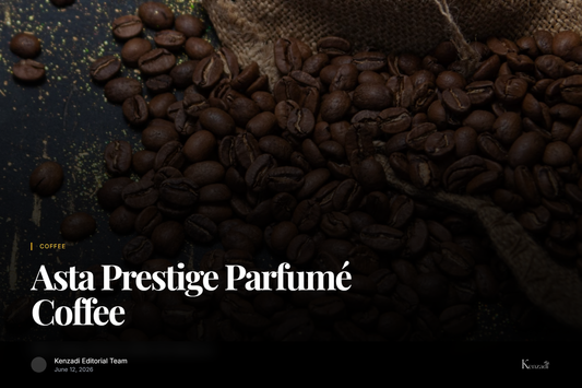 Bag of Asta Prestige Parfumé premium Moroccan ground coffee with coffee beans scattered beside it
