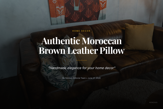 Close-up of a brown Moroccan leather pillow with traditional stitching on a sofa, showcasing texture and detail