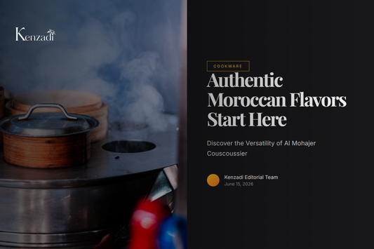 Shiny Al Mohajer Stainless Steel Couscoussier on a kitchen counter with fresh vegetables and couscous ingredients