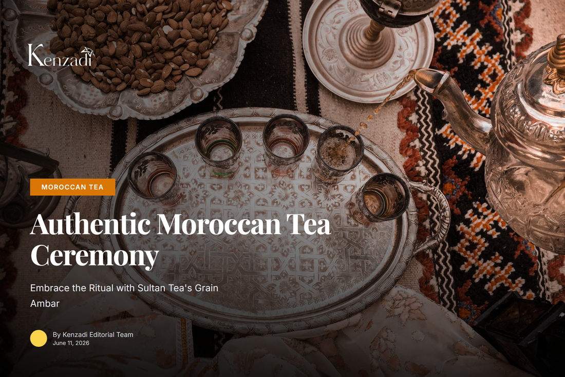 Traditional Moroccan teapot pouring green tea into small glasses, with fresh mint leaves and a decorative tray.