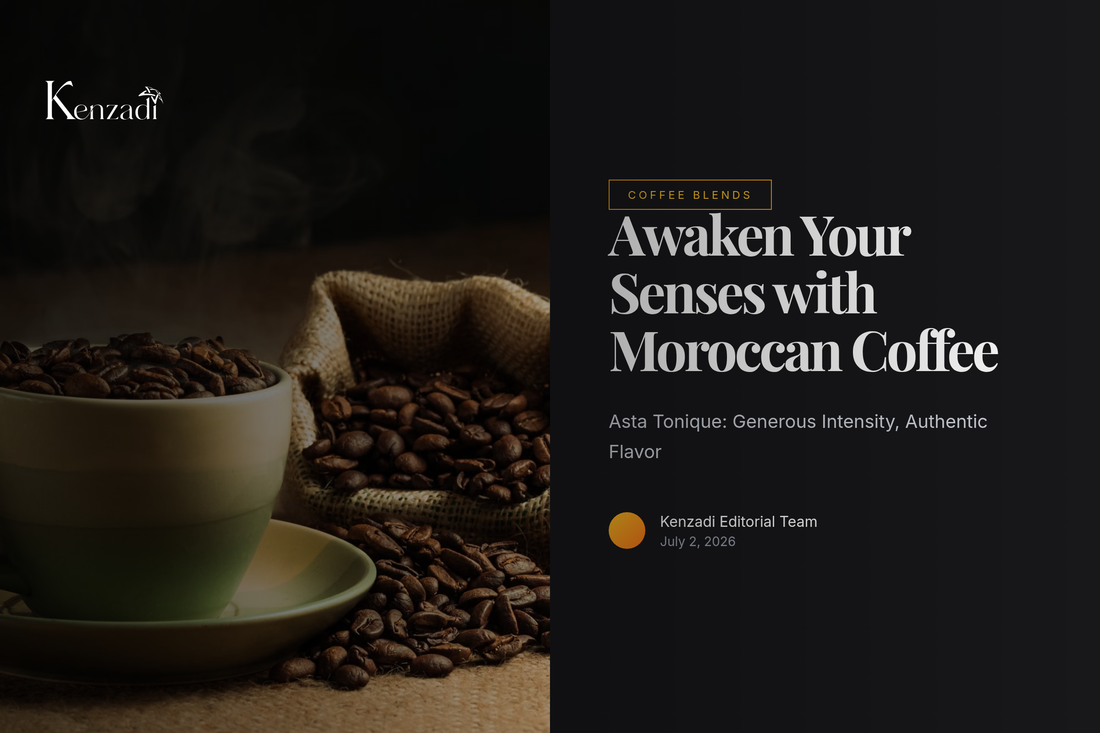 Close-up of a steaming cup of dark, rich Moroccan coffee with coffee beans scattered around on a textured