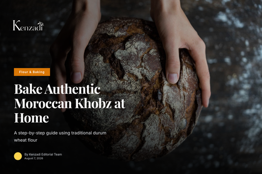 Bag of Kenz Finot Premium Moroccan Durum Wheat Flour beside a fresh loaf of khobz bread