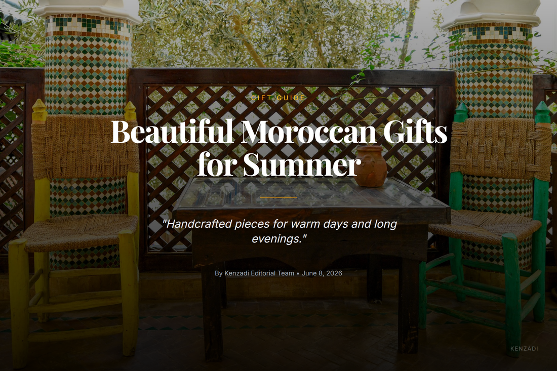 White and pink embroidered Moroccan leather pouf on a sunlit terrace with woven baskets and ceramic bowls
