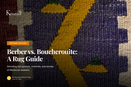 A detailed comparison showing a neutral-toned, geometric Berber wool rug beside a vibrant, abstract Boucherouite rug made from