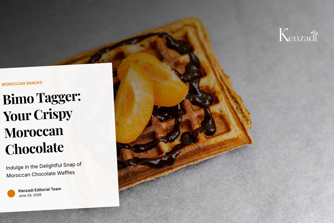 A stack of Bimo Tagger crispy chocolate waffle snacks with a hint of Moroccan patterns in the background.