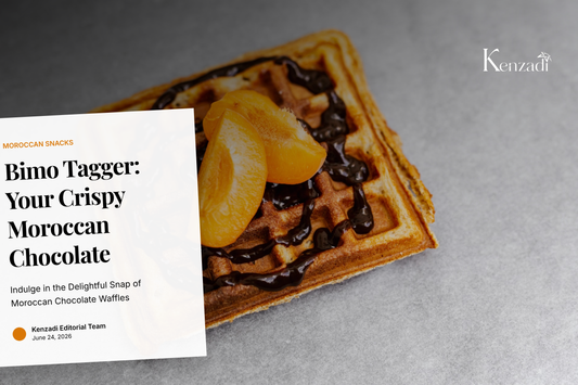 A stack of Bimo Tagger crispy chocolate waffle snacks with a hint of Moroccan patterns in the background.
