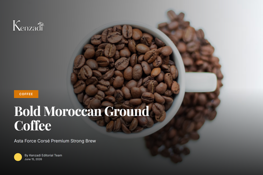 A steaming cup of dark Moroccan ground coffee with rich crema beside an open 200g pack of Asta