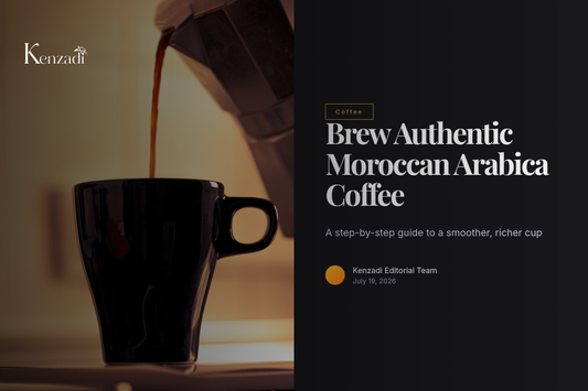 Cup of brewed Moroccan Arabica coffee next to Asta Arabica Raffiné ground coffee bag
