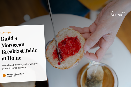 Jar of Aicha Strawberry Jam with orange essence served alongside Moroccan breakfast bread