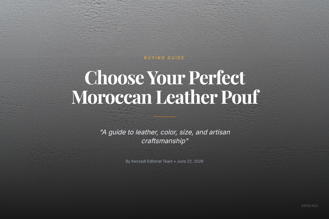 A selection of three beautiful Moroccan leather poufs in different colors and embroidery styles arranged on a neutral