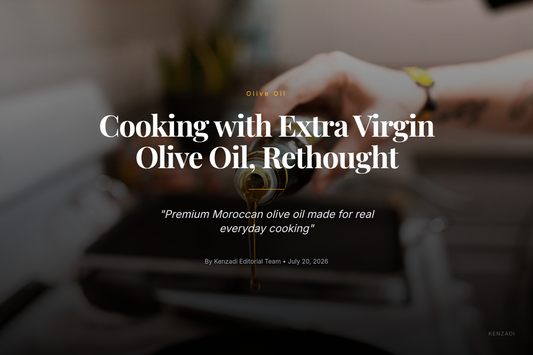 Bottle of Oued Souss Moroccan extra virgin olive oil beside a cooking pan