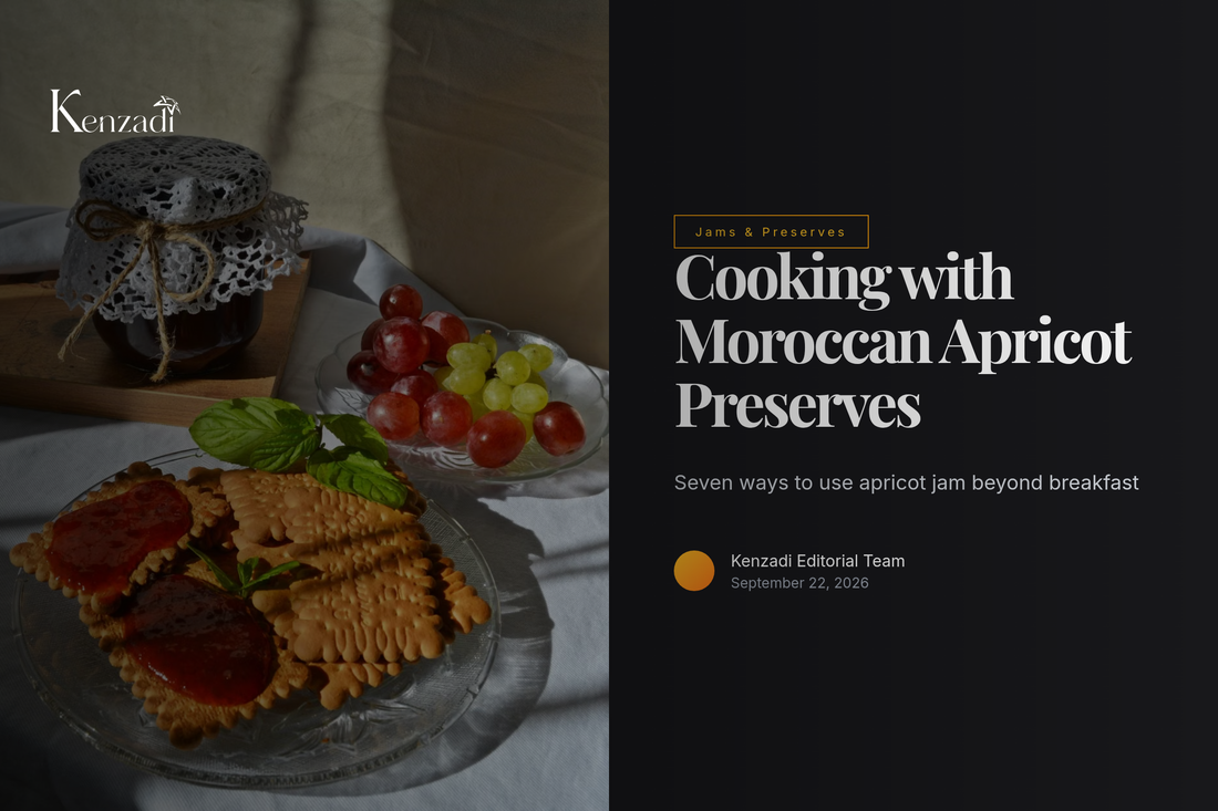 Jar of Aïcha Extra Apricot Jam surrounded by fresh apricots and kitchen ingredients