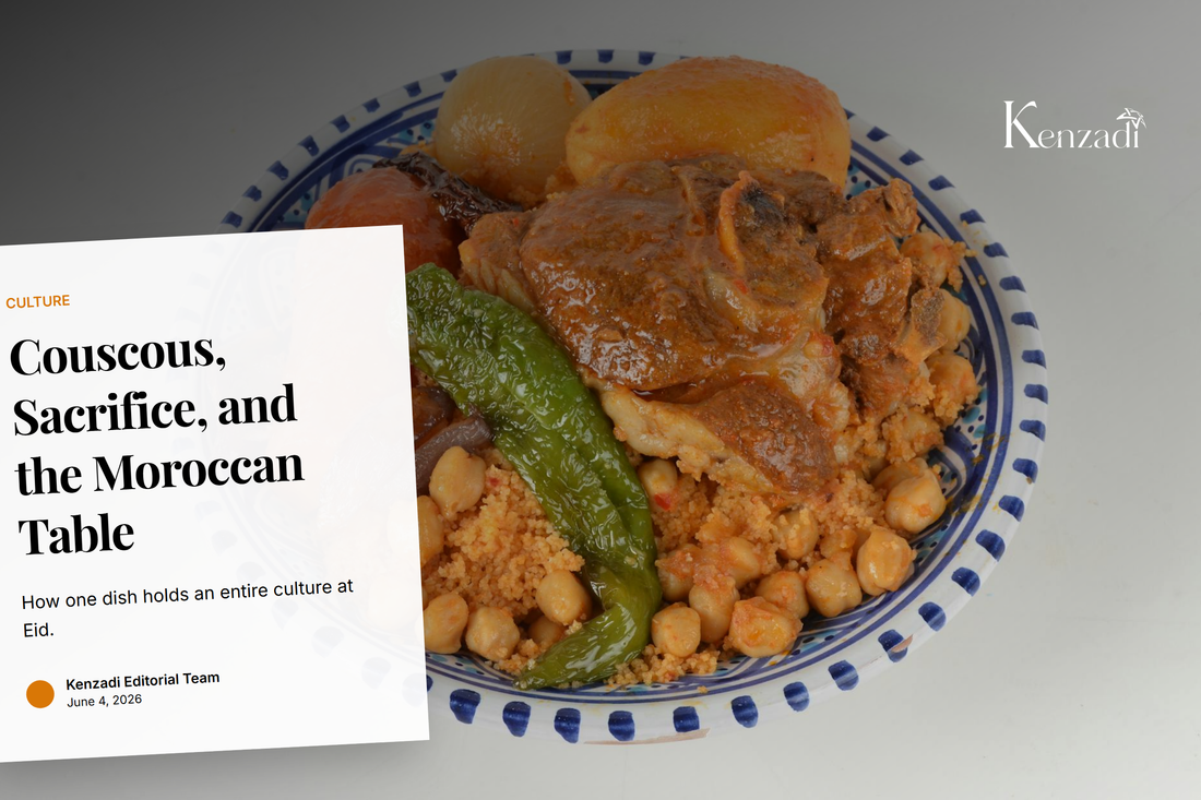 A large traditional Moroccan gsaa platter of steamed couscous topped with caramelised onions, raisins, and slow-cooked lamb for