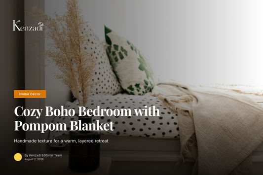 White King size Moroccan handmade pompom blanket with brown pompoms draped on a bed in a boho bedroom