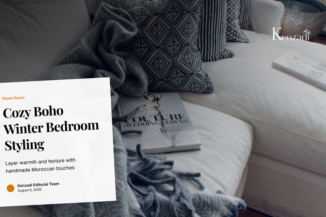 Grey Moroccan handmade pompom blanket with white pompoms draped on a Queen bed