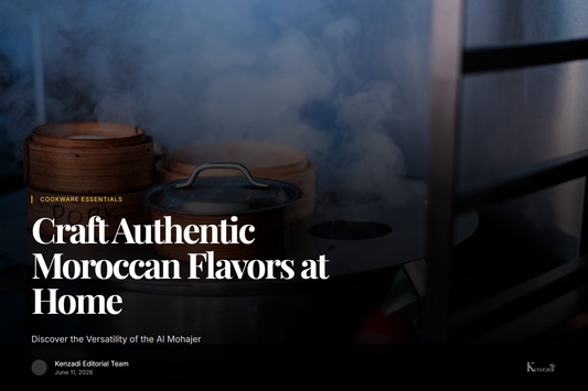 Shiny stainless steel couscoussier pot with steam rising, surrounded by colorful fresh vegetables and herbs.