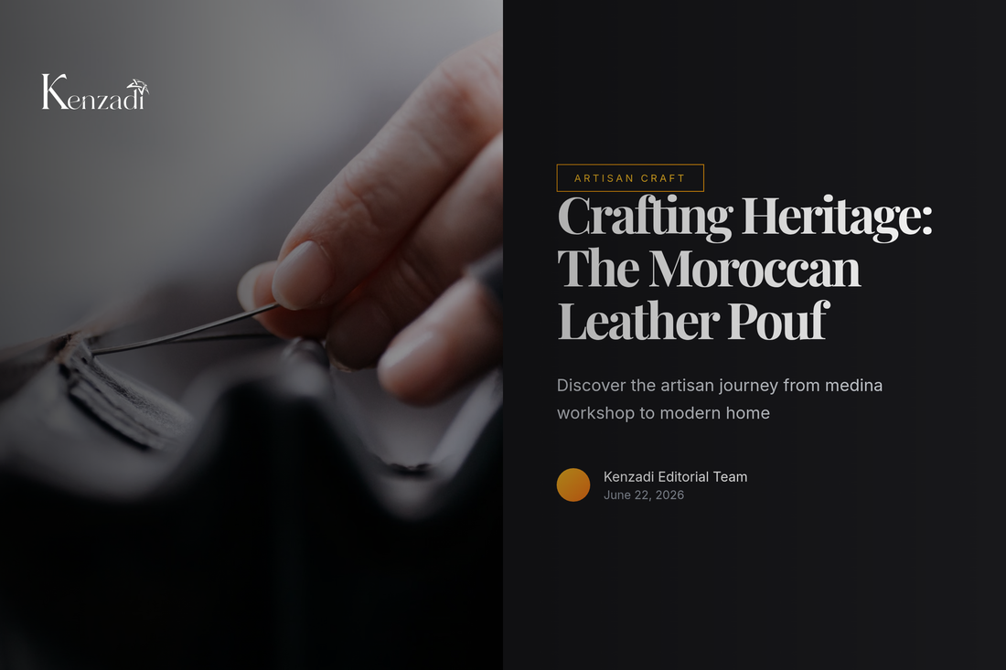 A craftsman's hands hand-stitching embroidery on a blue leather pouf in a traditional Moroccan workshop.